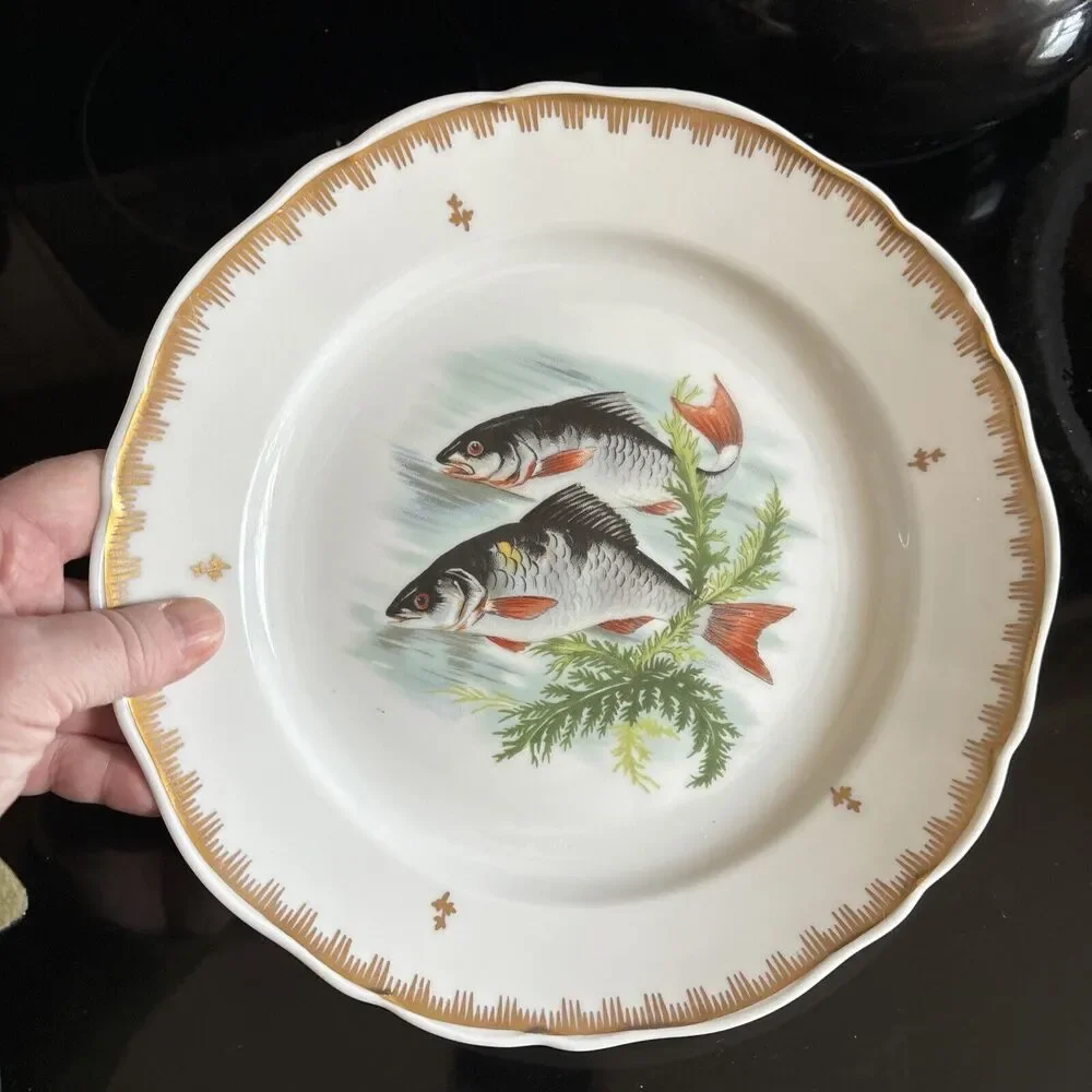 Hand Painted Fish Pattern Porcelain Dinner Plate Made In France Gold Gilt Rim